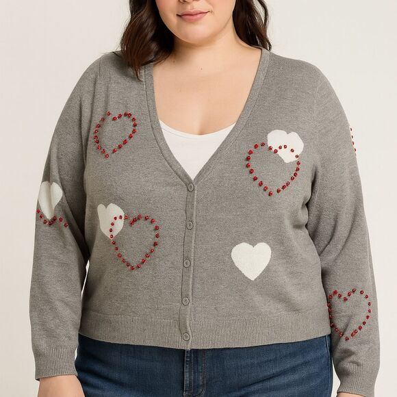 Torrid Gray Heart Rhinestone Cardigan (3X) Whimsical Coquette Girlhoodcore Butto - Picture 1 of 9